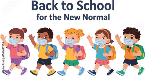 Illustration of children wearing masks and backpacks walking back to school in the new normal setting