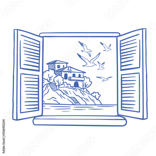 Hand-drawn vector of a Mediterranean window view with flying seagulls and coastal village. Summer Italy landscape, minimalist blue line art perfect for travel and vacation themes