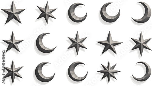 Create a kinds of deferent star, icon, symbol, vector, stars, illustration, shape, christmas, vector art with white background.