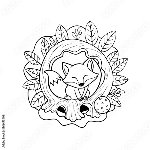 Cute Fox Sleeping in a Hollow Tree Coloring Page