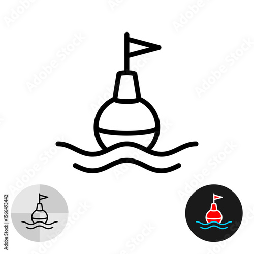 Buoy in water black line icon. Marine or river floater on the wavy surface of sea or river. Editable stroke.