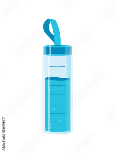 Flat style illustration of a sports water bottle with measurement marks and a blue strap. Perfect for fitness, gym, hydration, and active lifestyle designs.

