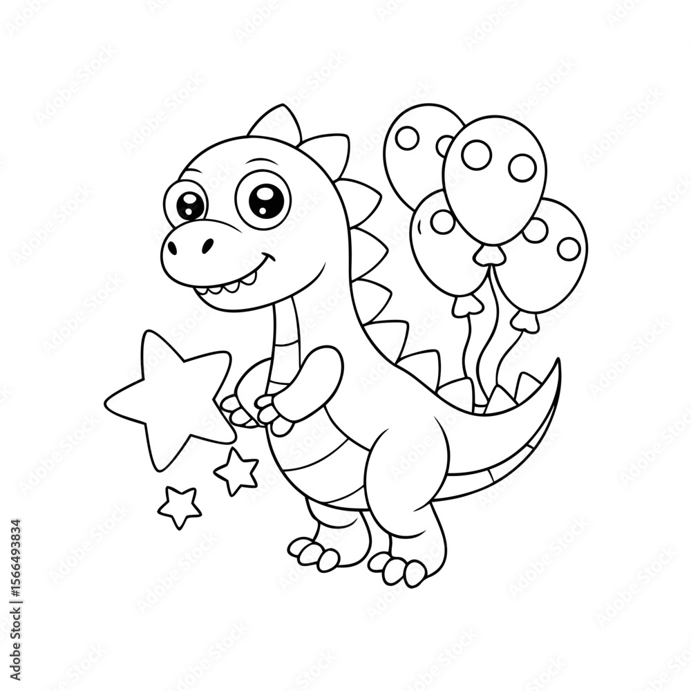 Obraz premium Friendly Dinosaur Playing with Balloons and Stars Coloring Page
