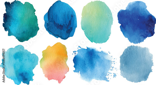 Hand painted watercolor colorful circle stains and drops set on transparent background, Paint Brush Strokes collection, 