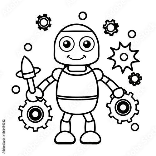 Friendly Robot Holding a Paintbrush with Stars Coloring Page