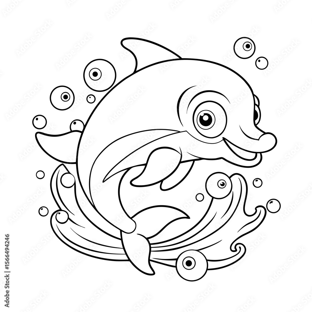Fototapeta premium Happy Dolphin Jumping Over Waves Coloring Page