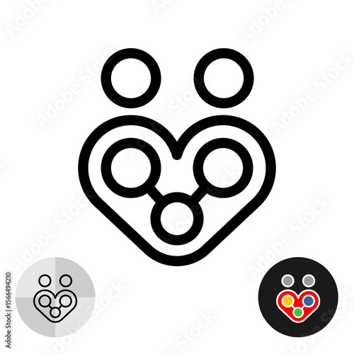 Heart tech logo with two people figures. Love chemistry with molecular structure inside symbol. Relationship artificial boost icon. Editable stroke.