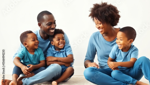 Happy African American family with two young sons laughing together on the floor.