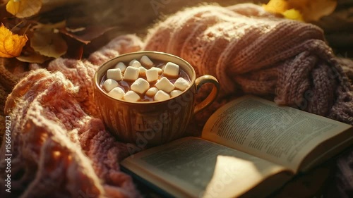 Cozy autumn scene hot cocoa with marshmallows, book, and knit blanket
