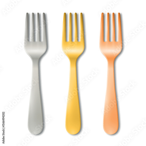 Vector 3d Fork Set Isolated on White. Realistic Silver, Gold and Copper Fork Icon. Metal Cutlery Illustration. Tableware Utensils, Restaurant, Kitchenware, Dinnerware. Top View