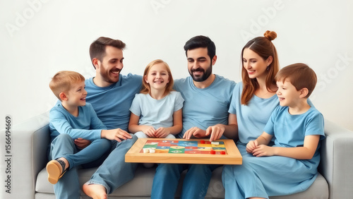 A family of five, including parents and three children, playing a board game together on a sofa, smiling and enjoying their time.