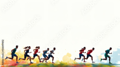 A diverse group of runners sprint energetically across a vibrant, colorful track, showcasing determination and athleticism.