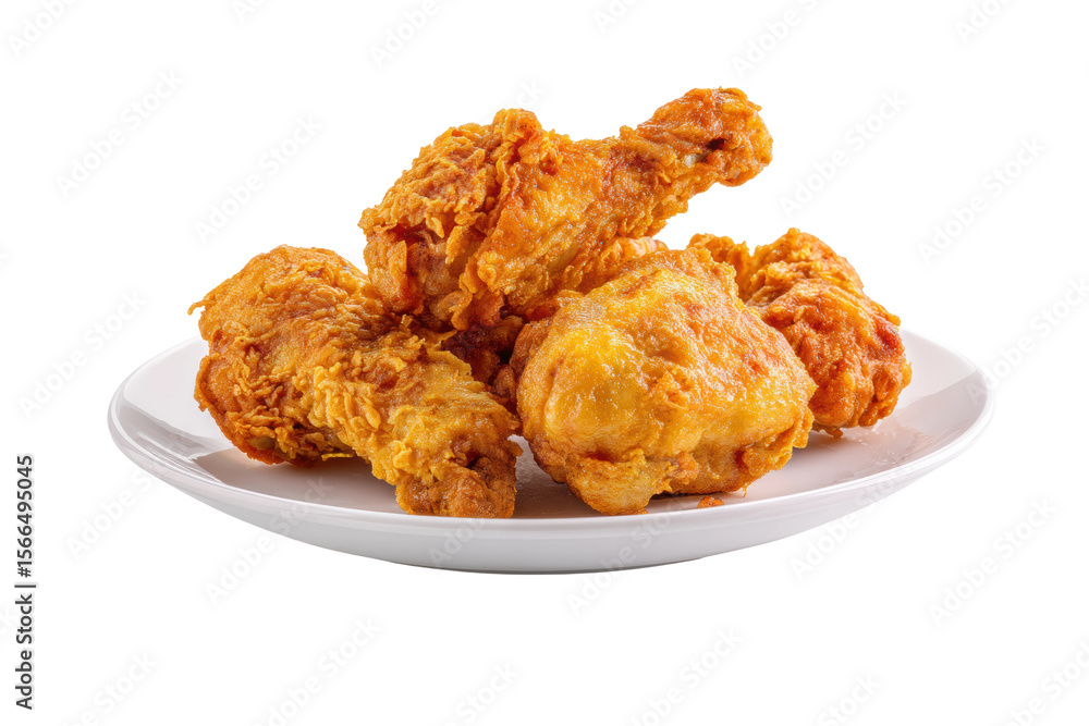 PNG Delicious crispy fried chicken pieces on a white plate PNG Delicious crispy fried chicken pieces on a white plate