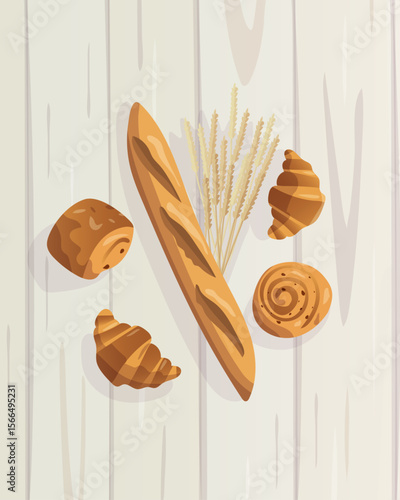 Assortiment de produits de boulangerie (pain, croissant, pain au chocolat, pain aux raisins) sur une table en bois