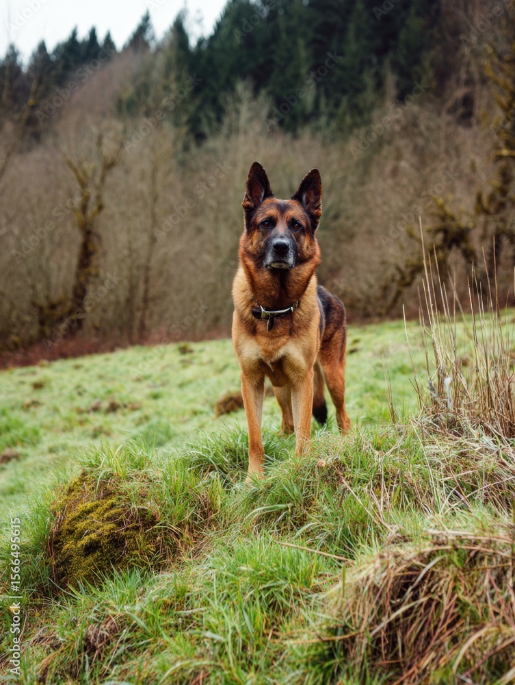 A brown and black dog standing on top of a lush green field A brown and black dog standing on top of a lush green field