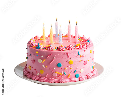 Festive pink birthday cake with colorful sprinkles and lit candles on white background
