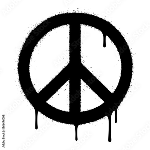 Black Spray Paint Peace Sign Symbol with Paint Drips Isolated
