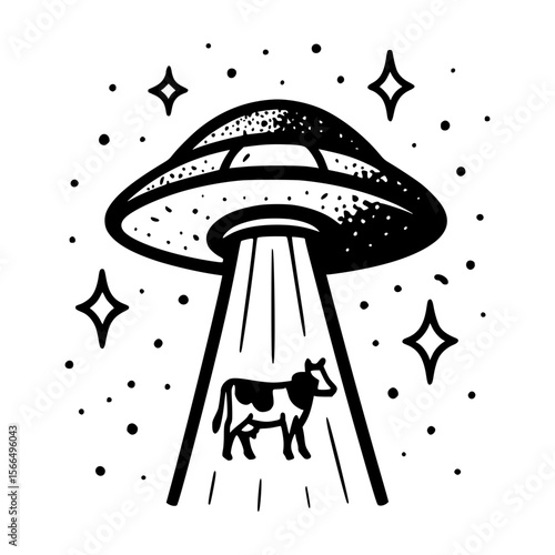 Black and white UFO abducting cow illustration in space
