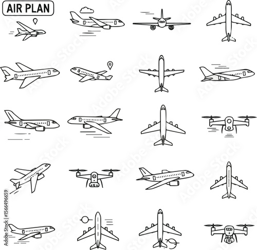 Create a kinds of deferent airplane, plane, aircraft, jet, vector, travel, silhouette, fly, transportation, air, flight, aeroplane vector art with white background.