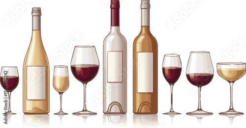 Create a kinds of deferent Set wineglass and bottles icon, logo, sign, emblem vector art with white background.
