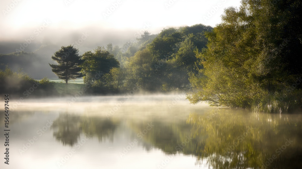 Fototapeta premium A misty lake with trees in the background