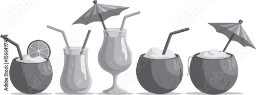 Create a kinds of deferent Tropical coconut drink silhouette with umbrella and straw, summer vacation cocktail, beach drink vector art with white background.