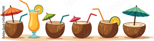 Create a kinds of deferent Tropical coconut drink silhouette with umbrella and straw, summer vacation cocktail, beach drink vector art with white background.