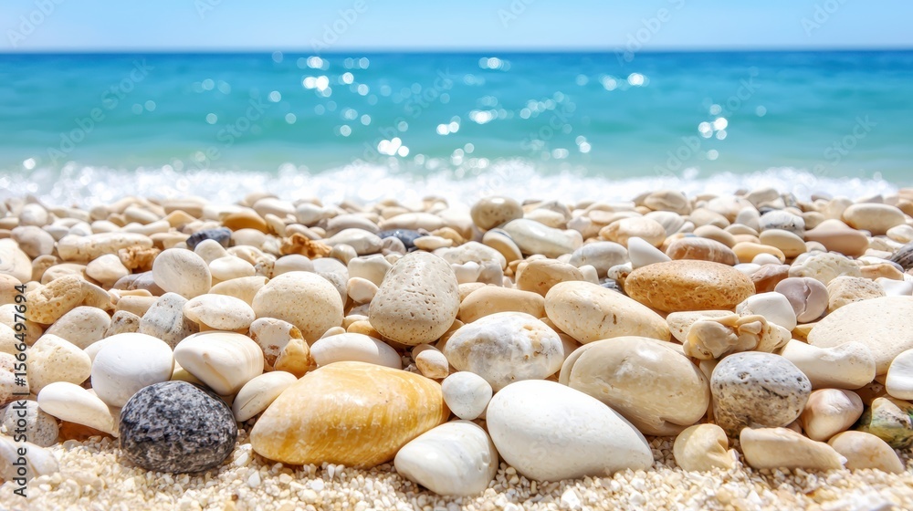 Seashells and Smooth Stones on a Sandy Beach Shore Seashells and Smooth Stones on a Sandy Beach Shore