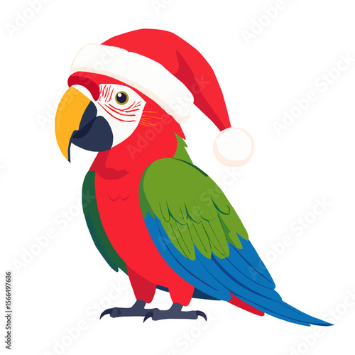 Festive illustration of a red, green, and blue macaw parrot wearing a Santa Claus hat. Colorful tropical bird in profile, isolated on white background. Vector art.