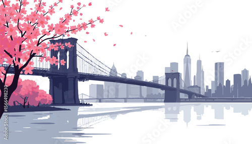 Minimalist vector silhouette of New York City in spring, with blooming cherry blossoms along the East River, focusing on the Manhattan Bridge and a bright, airy feel against a white background.