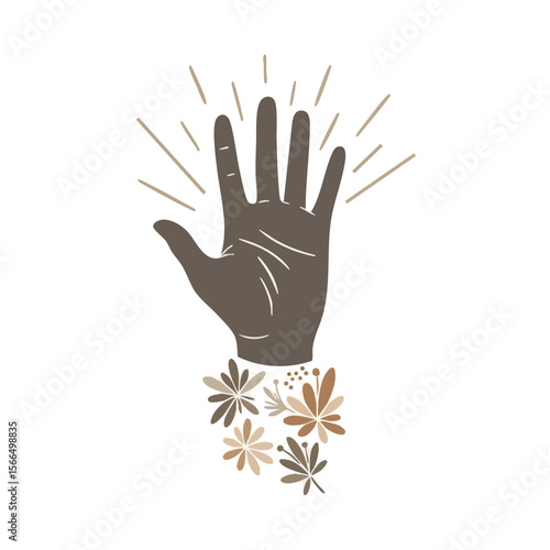 Stylized Hand with Radiating Lines and Floral Pattern, Flat No-Touch Symbol