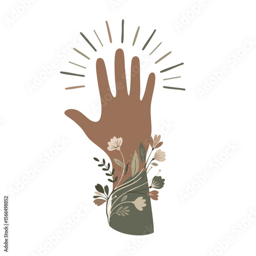 Stylized Hand with Radiating Lines and Floral Pattern, Flat No-Touch Symbol