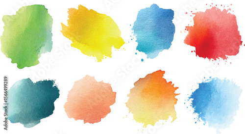 set of colorful watercolor splashes, Colorful paint strokes. Set of colorful brush strokes, Colorful brush stroke creating a vibrant rainbow arc on transparent background