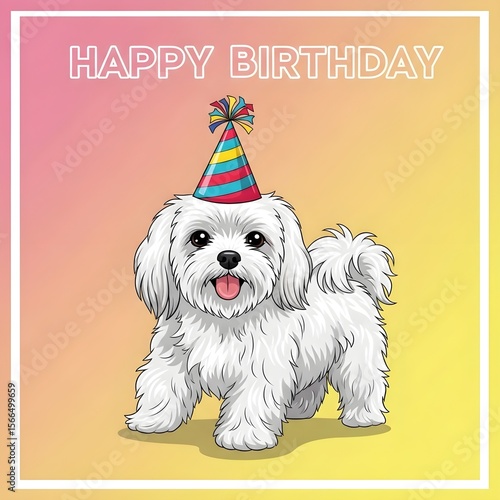 Charming Maltese dog celebrates a birthday with a festive party hat against a pastel gradient background, perfect for joyous occasions.
