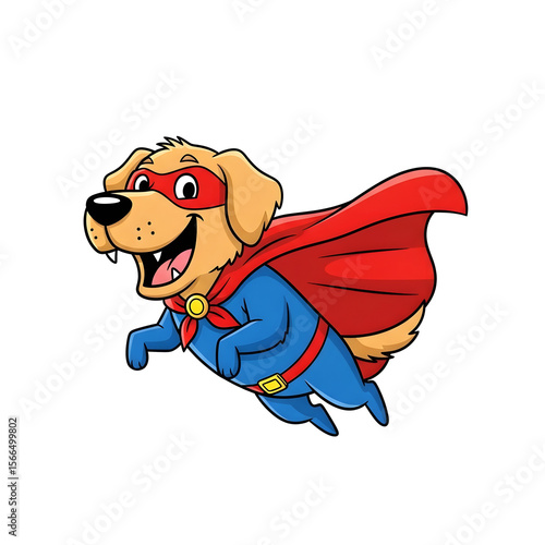 Animated cartoon dog dressed as a vibrant superhero with a flowing red cape, flying against a transparent backdrop.