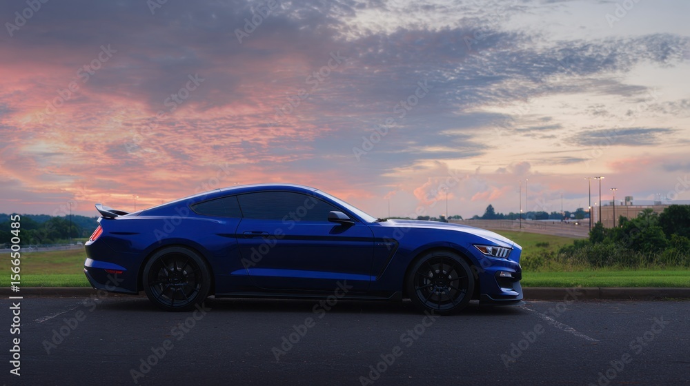 Obraz premium A blue mustang parked in a parking lot at sunset