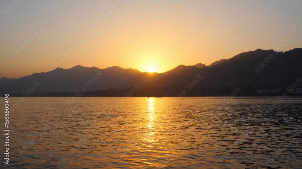 A sunset over a body of water with mountains in the background A sunset over a body of water with mountains in the background