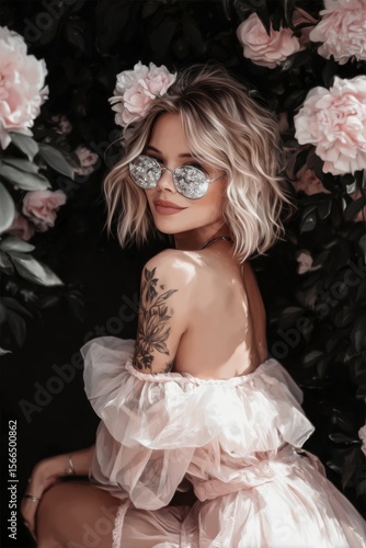 A woman in a pink dress and sunglasses sitting in front of flowers