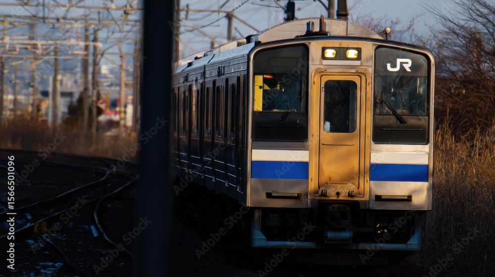 Fototapeta premium A train traveling down train tracks next to tall grass