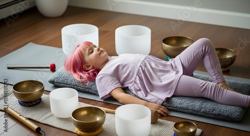 Serene Child PinkHaired Girl Meditating with Crystal and Tibetan Singing Bowls on Yoga Mat.