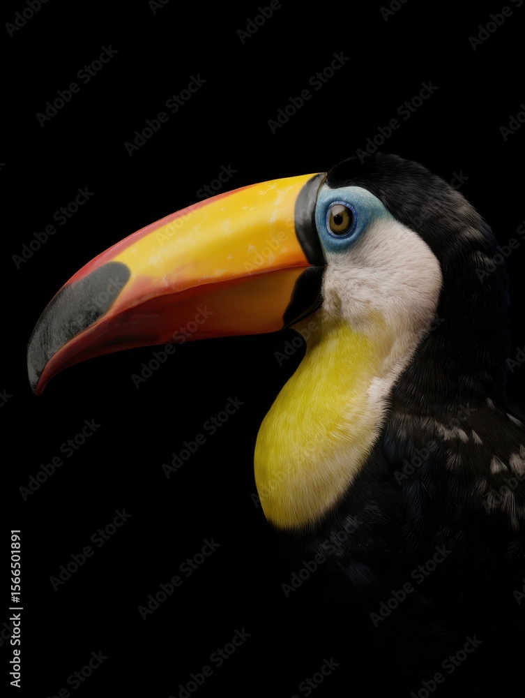 Fototapeta premium A close up of a toucan's head with a black background