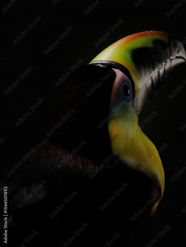 Fototapeta premium A close up of a toucan's head against a black background