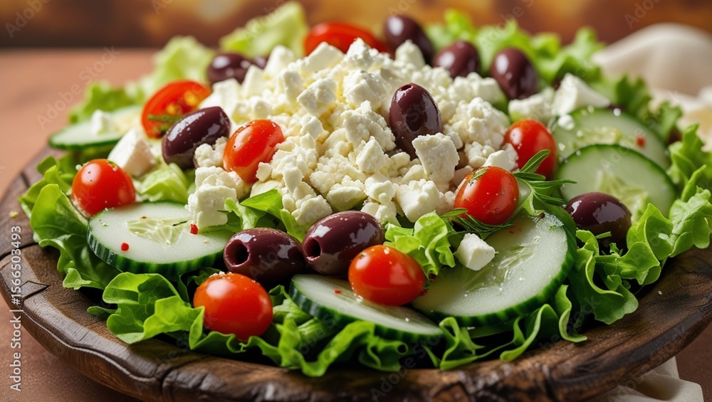 A Greek salad with feta, olives, and cucumbers. A Greek salad with feta, olives, and cucumbers.