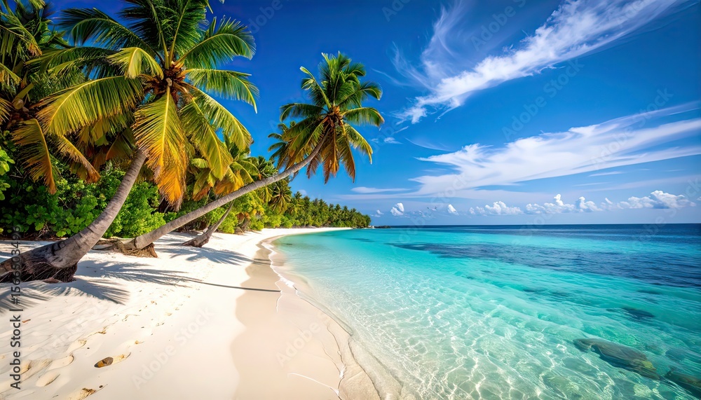 Fototapeta premium Tropical Beach Paradise: White Sand, Turquoise Sea, Palm Trees