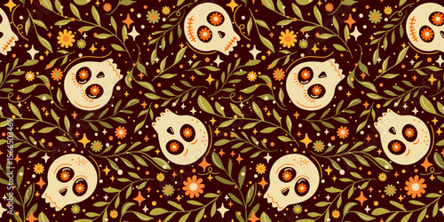 Floral Sugar Skulls Seamless Pattern