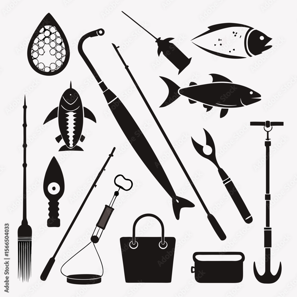 Obraz premium Perfect Vector Collection Of Fishing Tools Silhouettes For Use Graphics Websites And Apps Designs On White Background