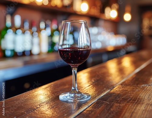 A Glass of Red Wine: An elegant glass filled with rich red wine rests gracefully on a wooden bar, inviting indulgence, relaxation, and sophisticated enjoyment. 