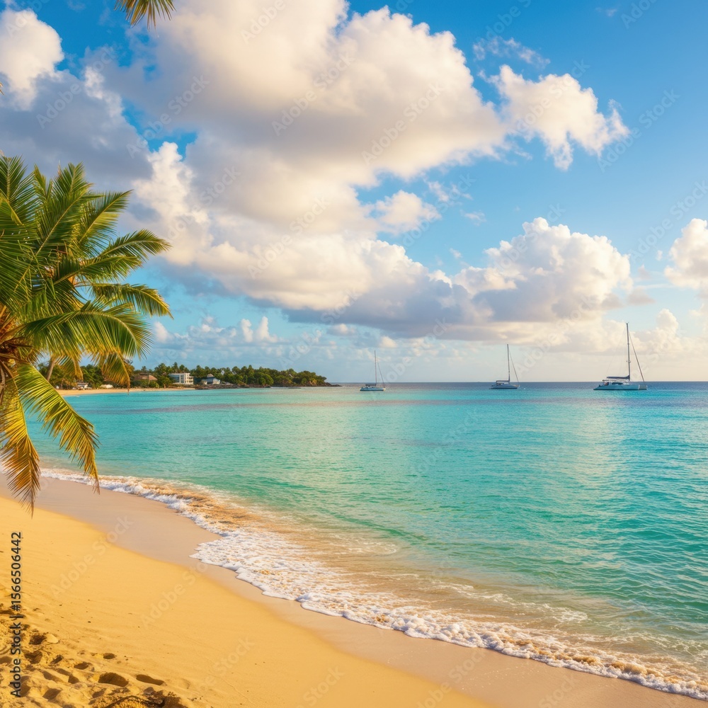 Fototapeta premium Tranquil Tropical Beach Scene: Golden Sand, Turquoise Water, and Lush Palm Trees