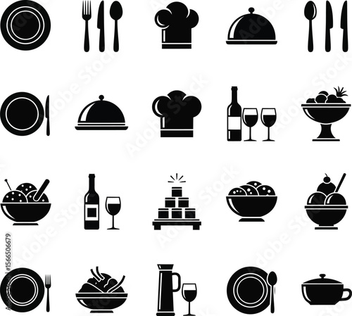 Collection of black and white icons representing food and dining essentials