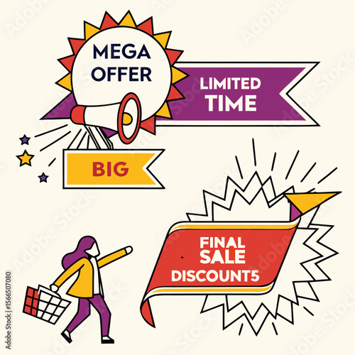 Sale banners with shopping person and megaphone offer